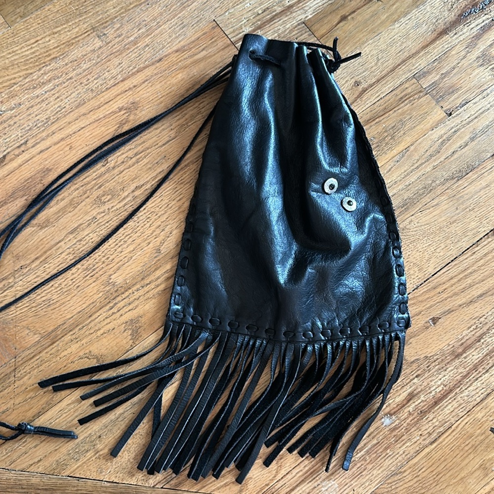 Vintage Leather Fringe Drawstring Bucket Bag Black Silver Tone Hardware Soft